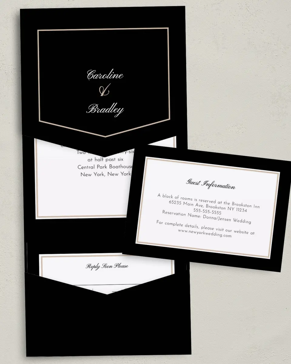 This is a 5¼" x 7¼" Folded Pocket Wedding Invitation called Vision of Love printed in full color with Gold foil on Luxe Satin (coated) paper