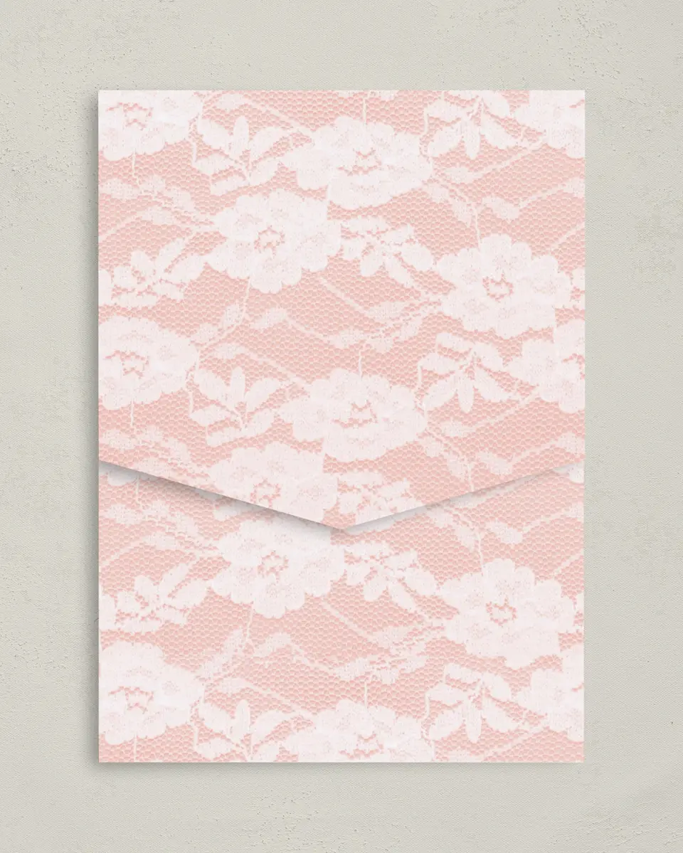 This is a 5¼" x 7¼" Folded Pocket Wedding Invitation called Vintage Applique printed in full color on Premium Smooth paper