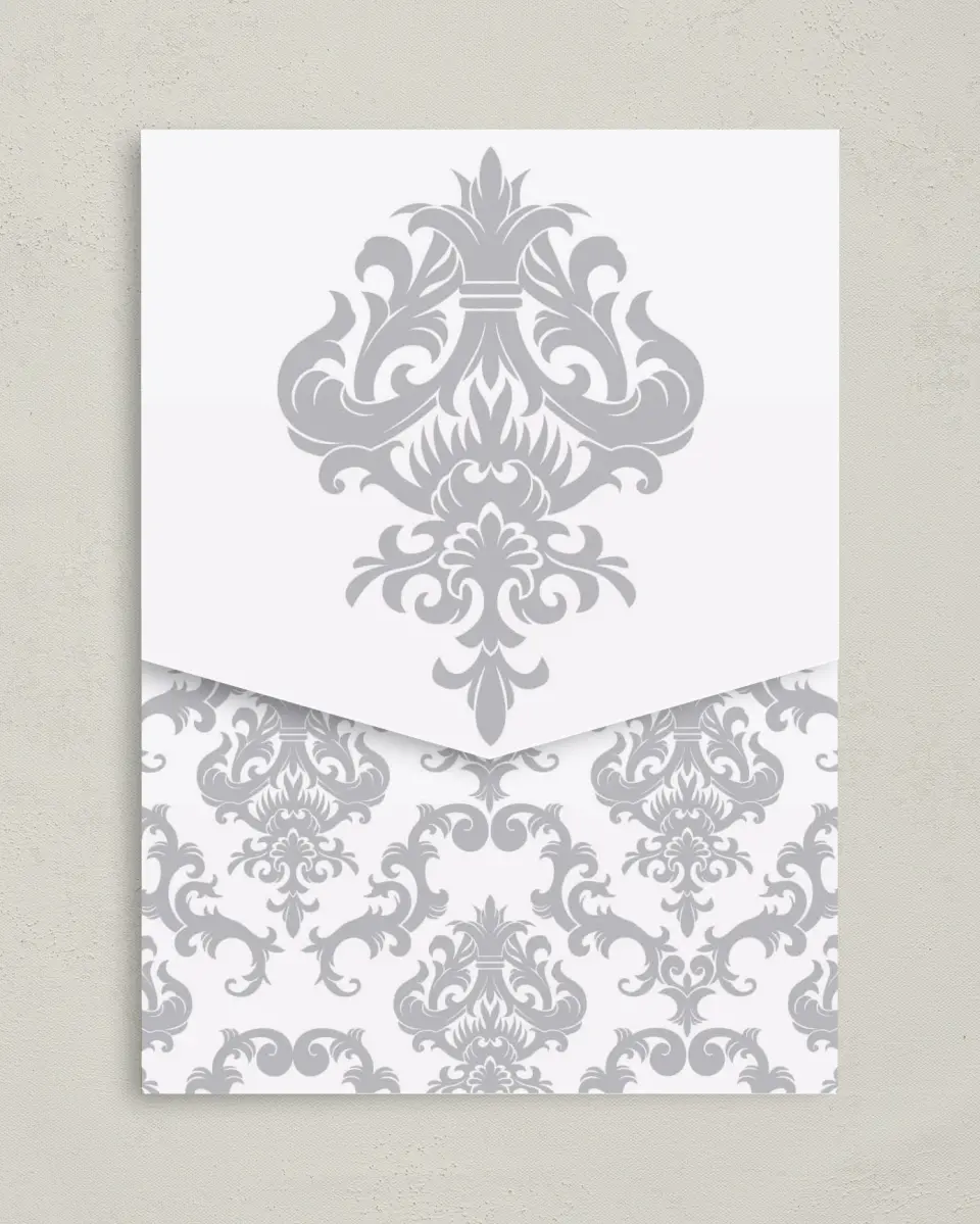 This is a 5¼" x 7¼" Folded Pocket Wedding Invitation called Damask Elegance printed in full color on Premium Smooth paper