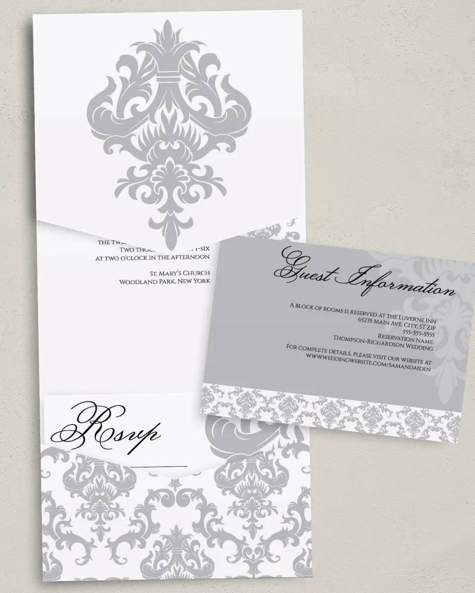 This is a 5¼" x 7¼" Folded Pocket Wedding Invitation called Damask Elegance printed in full color with Gold foil on Luxe Satin (coated) paper