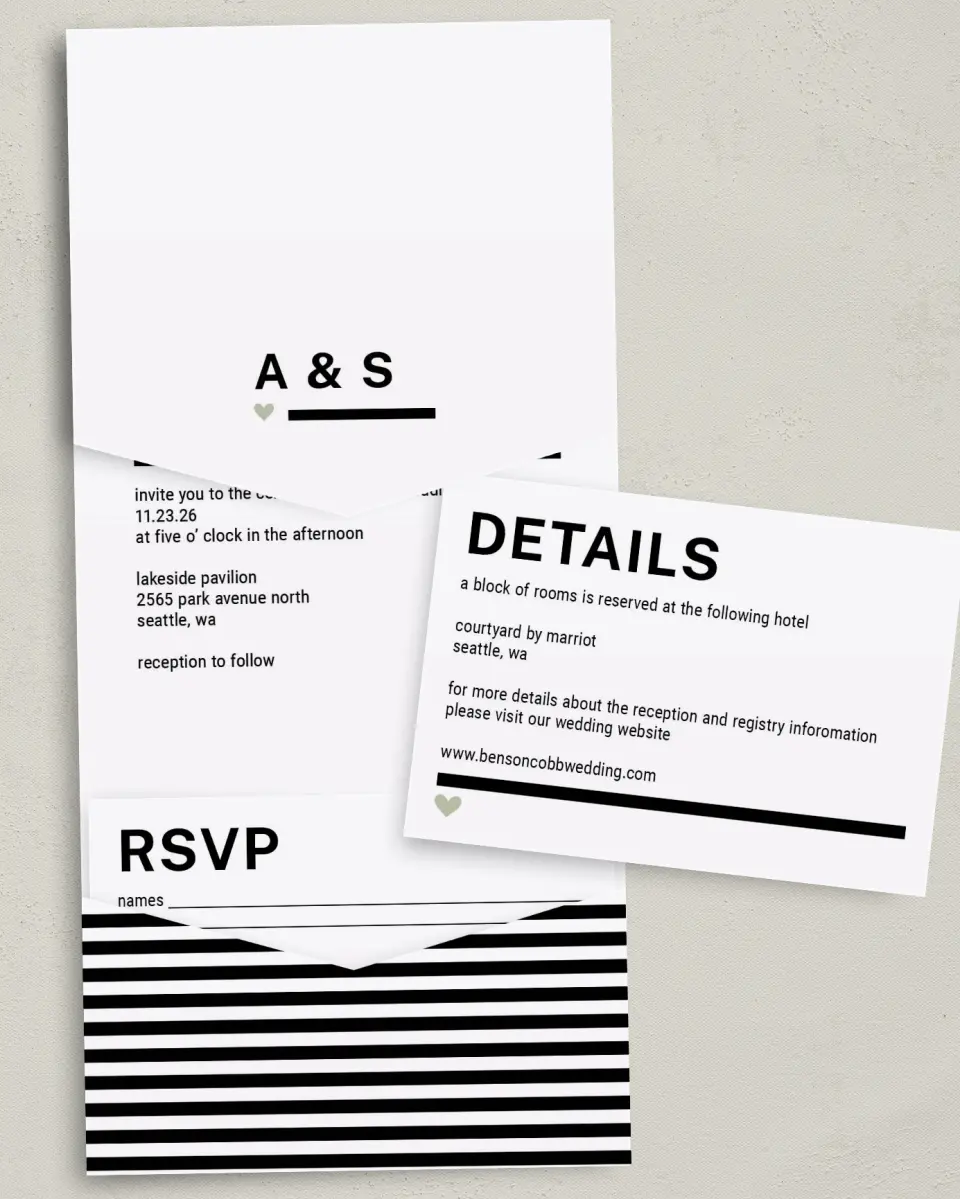 This is a 5¼" x 7¼" Folded Pocket Wedding Invitation called Modern Typography printed in full color with Gold foil on Luxe Satin (coated) paper
