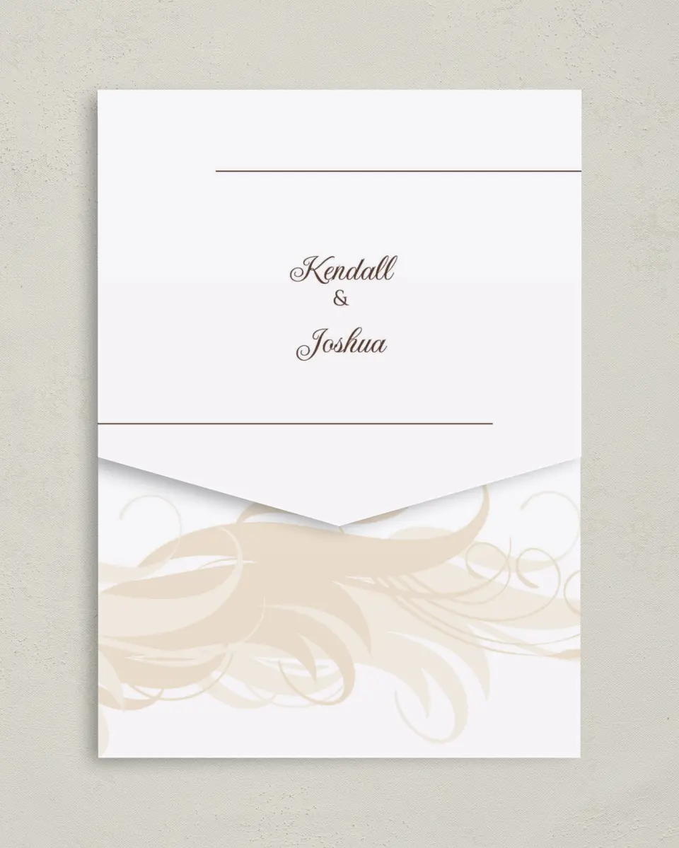 This is a 5¼" x 7¼" Folded Pocket Wedding Invitation called Whispering Feather printed in full color on Premium Smooth paper