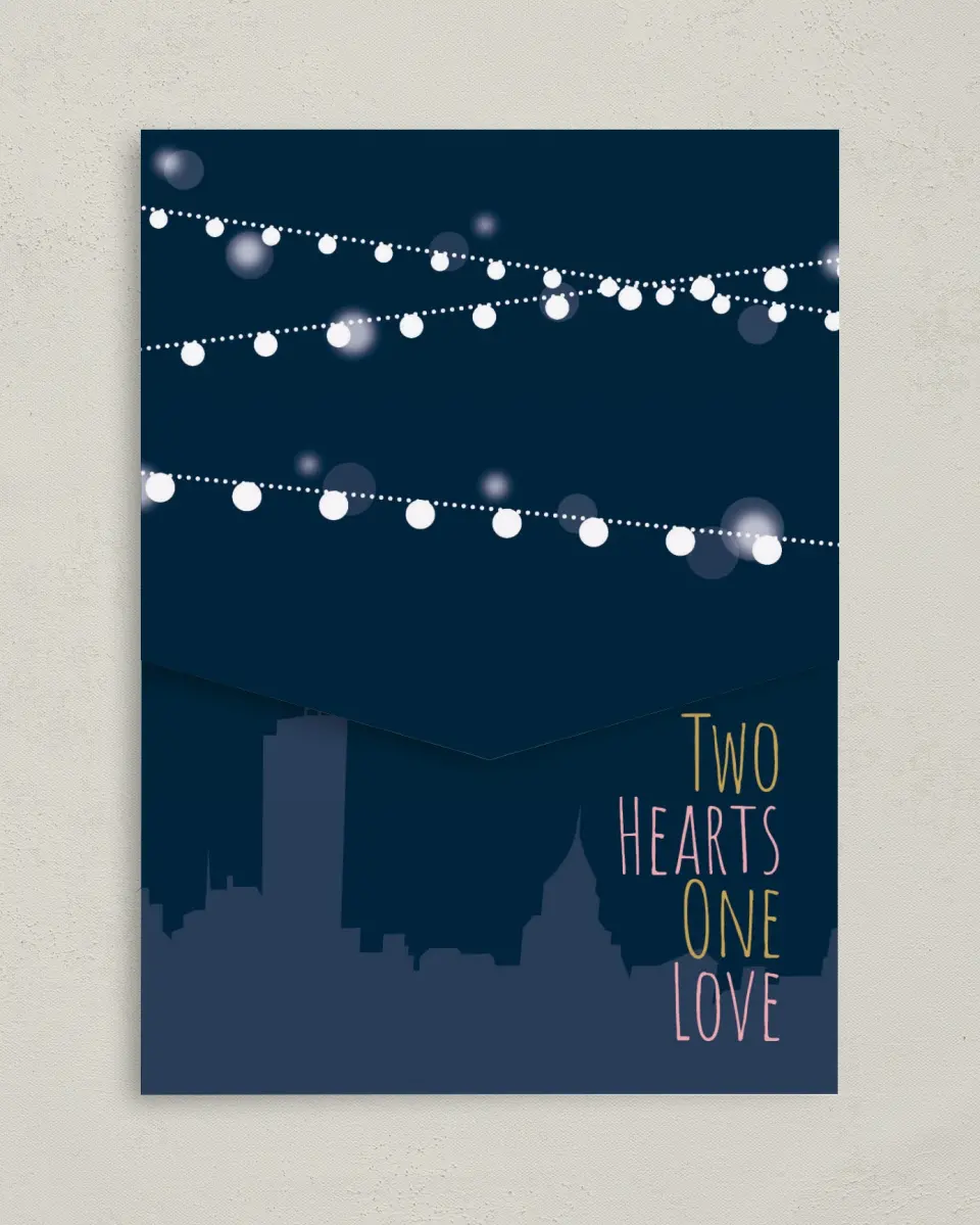 This is a 5¼" x 7¼" Folded Pocket Wedding Invitation called Rooftop Party printed in full color on Premium Smooth paper