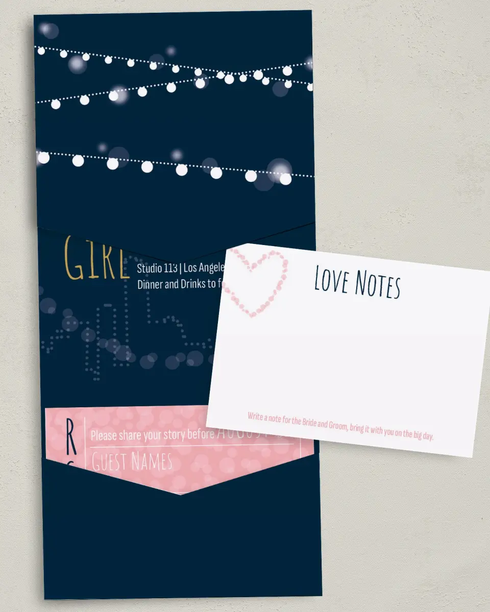 This is a 5¼" x 7¼" Folded Pocket Wedding Invitation called Rooftop Party printed in full color with Gold foil on Luxe Satin (coated) paper
