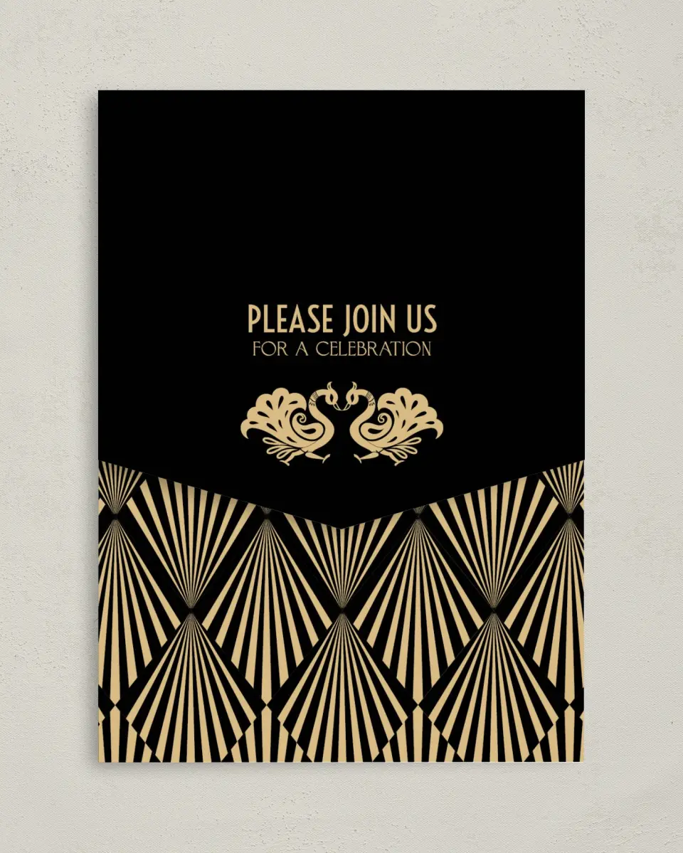 This is a 5¼" x 7¼" Folded Pocket Wedding Invitation called Deco Glam printed in full color on Premium Smooth paper