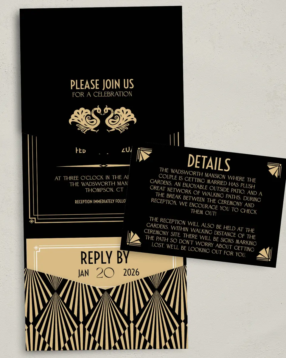 This is a 5¼" x 7¼" Folded Pocket Wedding Invitation called Deco Glam printed in full color with Gold foil on Luxe Satin (coated) paper