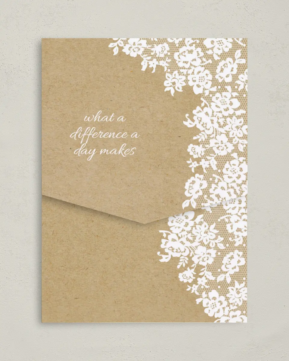 This is a 5¼" x 7¼" Folded Pocket Wedding Invitation called Floral Lace printed in full color on Premium Smooth paper