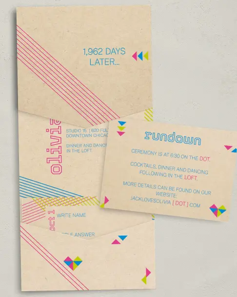 This is a 5¼" x 7¼" Folded Pocket Wedding Invitation called Flirty Neon printed in full color on Premium Smooth paper