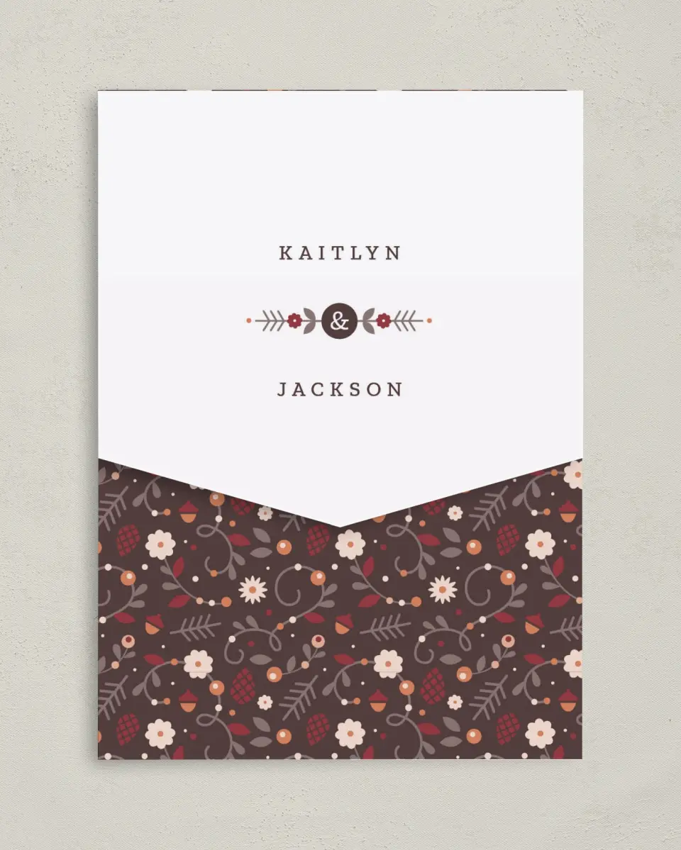 This is a 5¼" x 7¼" Folded Pocket Wedding Invitation called Fall Treasures printed in full color on Premium Smooth paper