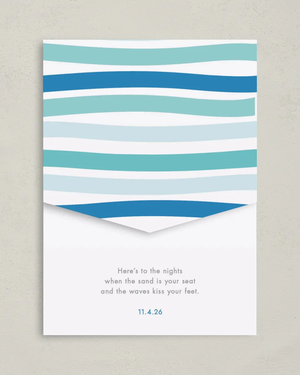 This is a 5¼" x 7¼" Folded Pocket Wedding Invitation called Making Waves printed in full color on Premium Smooth paper