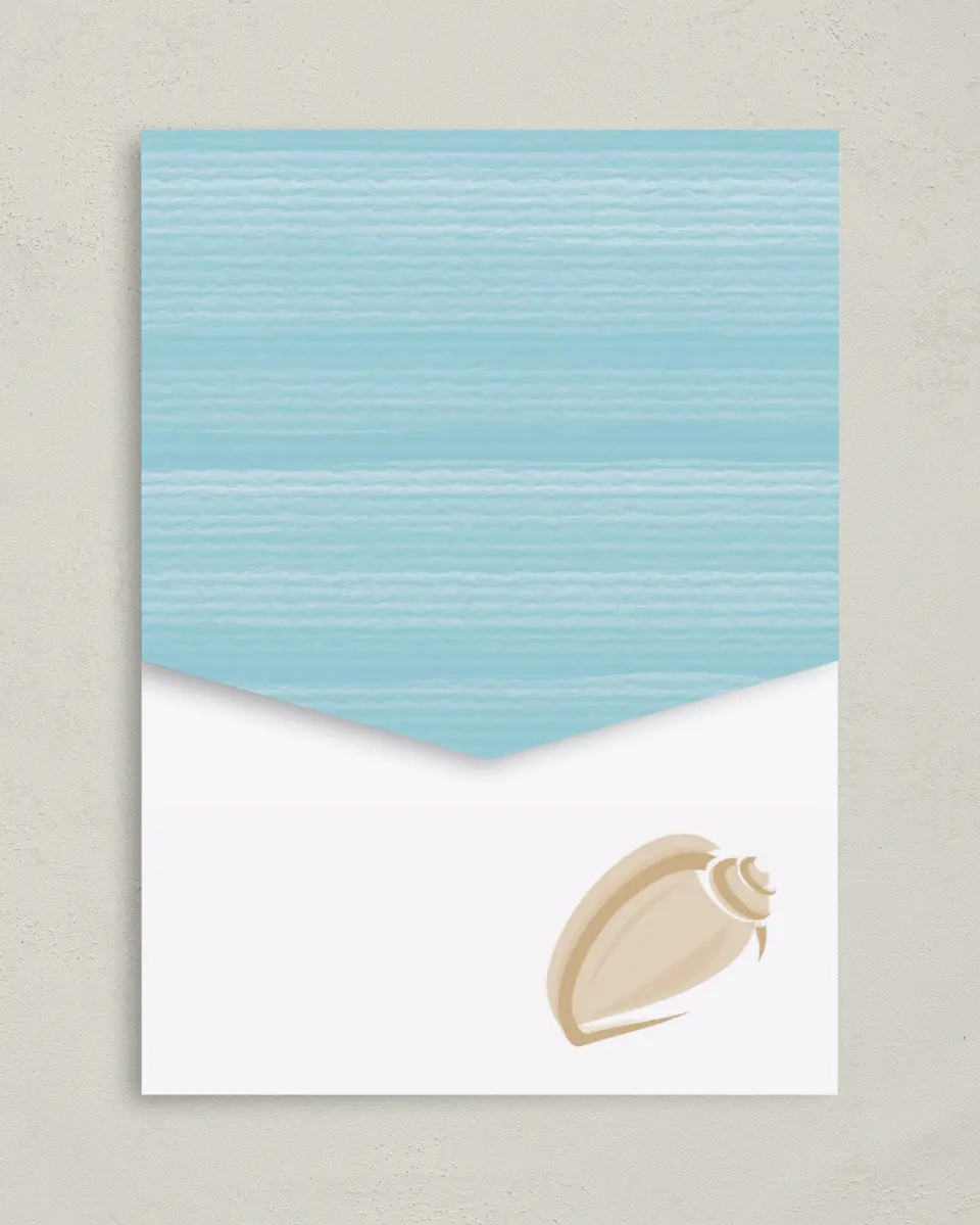 This is a 5¼" x 7¼" Folded Pocket Wedding Invitation called Salty Kisses printed in full color on Premium Smooth paper