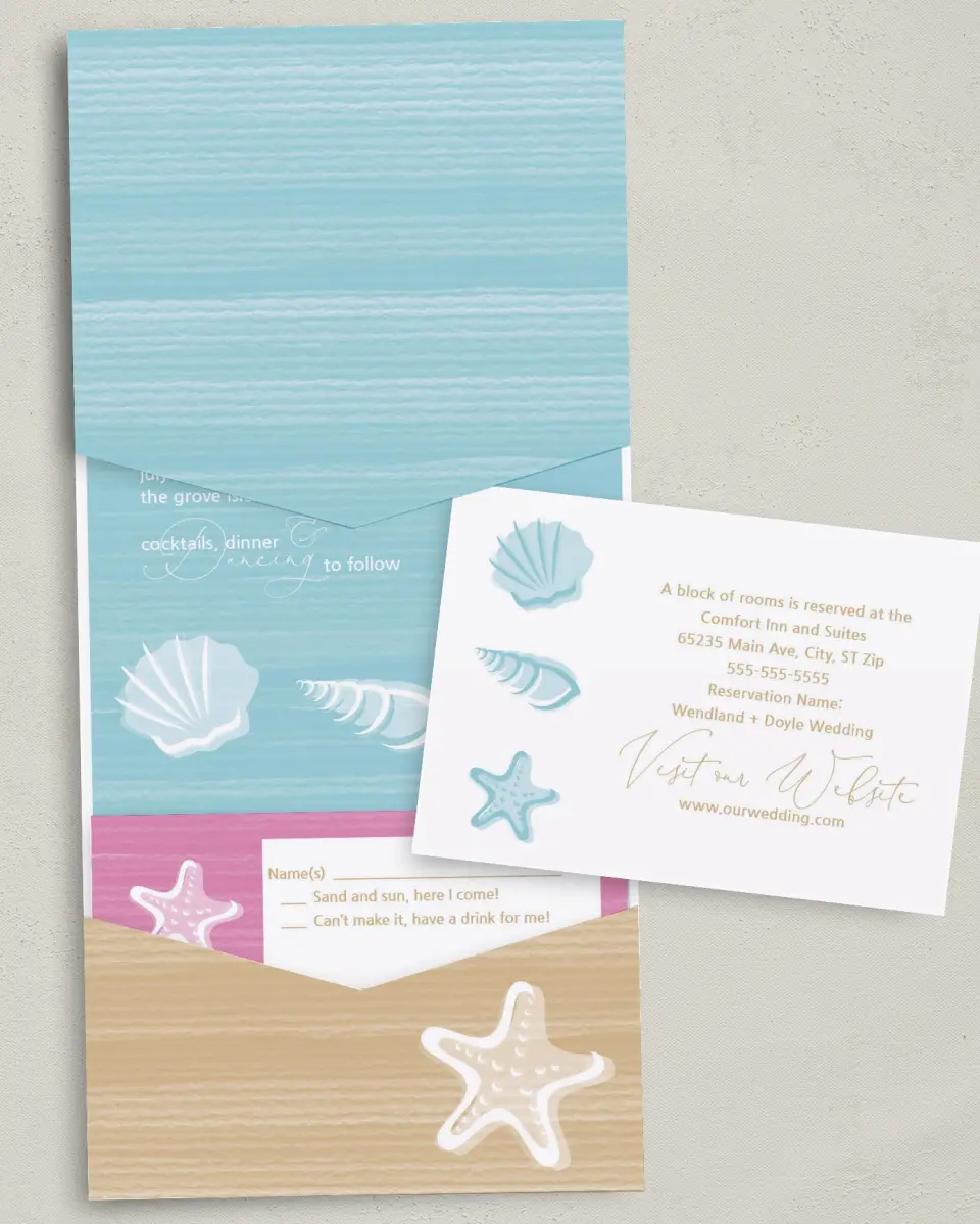 This is a 5¼" x 7¼" Folded Pocket Wedding Invitation called Salty Kisses printed in full color on Premium Smooth paper