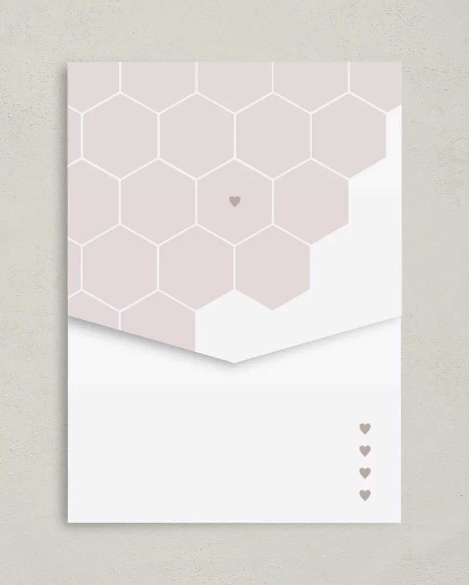 This is a 5¼" x 7¼" Folded Pocket Wedding Invitation called Honeycomb Sweetness printed in full color on Premium Smooth paper