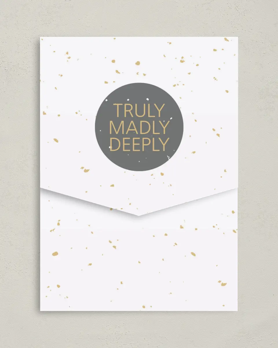 This is a 5¼" x 7¼" Folded Pocket Wedding Invitation called Truly, Madly, Deeply printed in full color on Premium Smooth paper