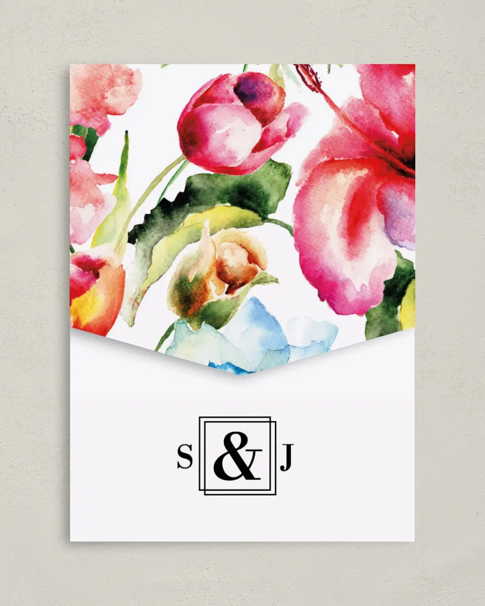 This is a 5¼" x 7¼" Folded Pocket Wedding Invitation called Floral Watercolor printed in full color on Premium Smooth paper