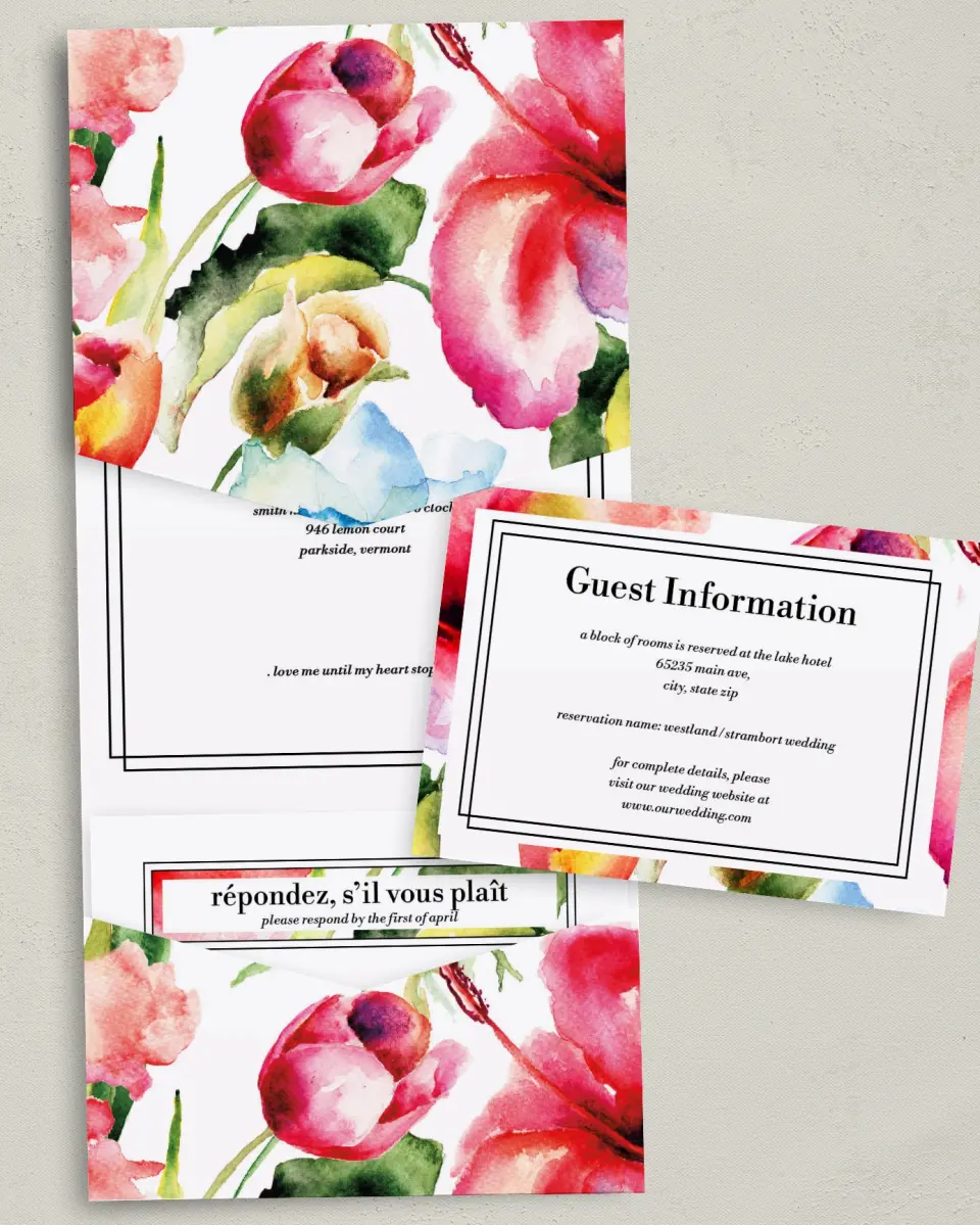 This is a 5¼" x 7¼" Folded Pocket Wedding Invitation called Floral Watercolor printed in full color with Gold foil on Luxe Satin (coated) paper