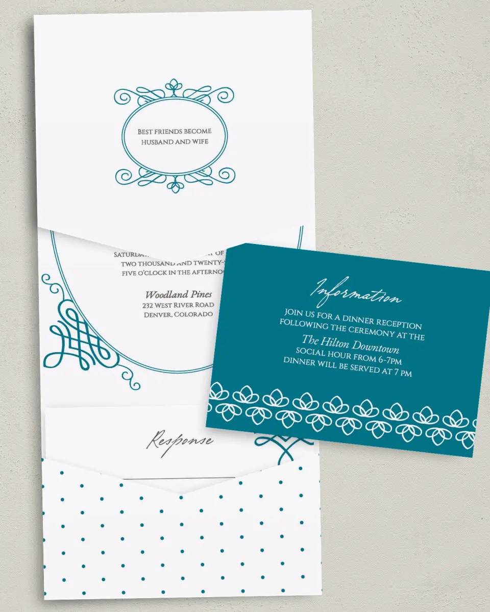 This is a 5¼" x 7¼" Folded Pocket Wedding Invitation called Simple Luxury printed in full color with Gold foil on Luxe Satin (coated) paper