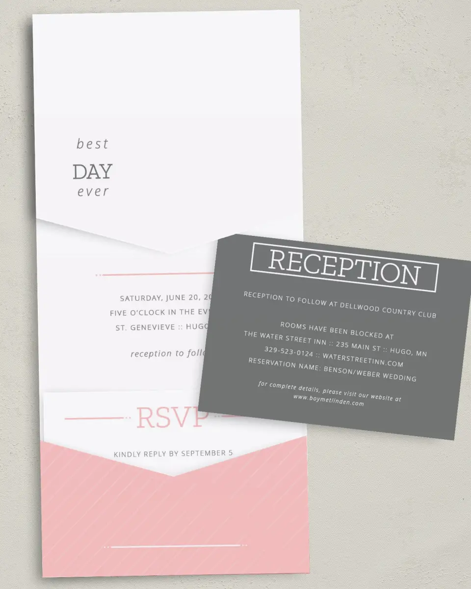 This is a 5¼" x 7¼" Folded Pocket Wedding Invitation called Sweetly Charmed printed in full color with Gold foil on Luxe Satin (coated) paper