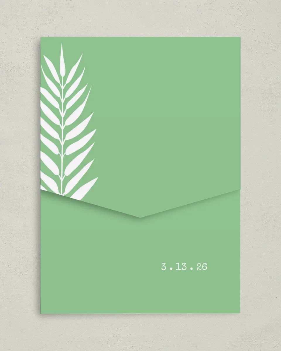 This is a 5¼" x 7¼" Folded Pocket Wedding Invitation called Palms in Paradise printed in full color on Premium Smooth paper