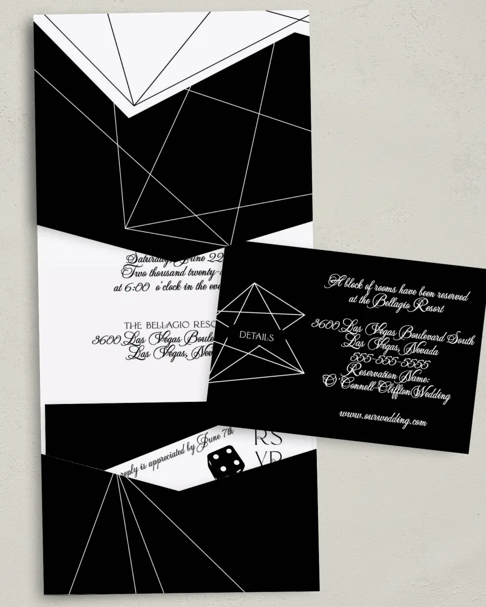 This is a 5¼" x 7¼" Folded Pocket Wedding Invitation called Upscale Vegas printed in full color with Gold foil on Luxe Satin (coated) paper