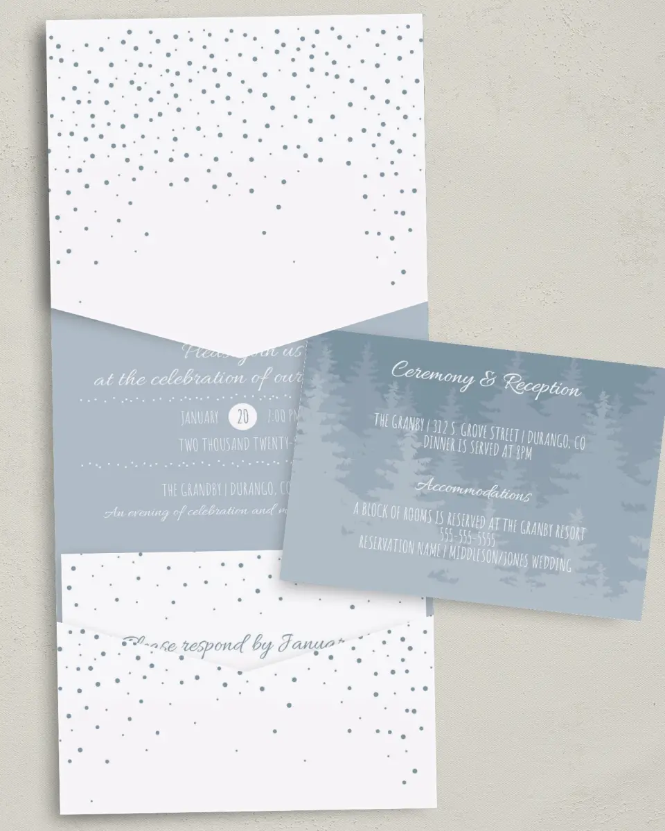 This is a 5¼" x 7¼" Folded Pocket Wedding Invitation called Woodland Wishes printed in full color with Gold foil on Luxe Satin (coated) paper