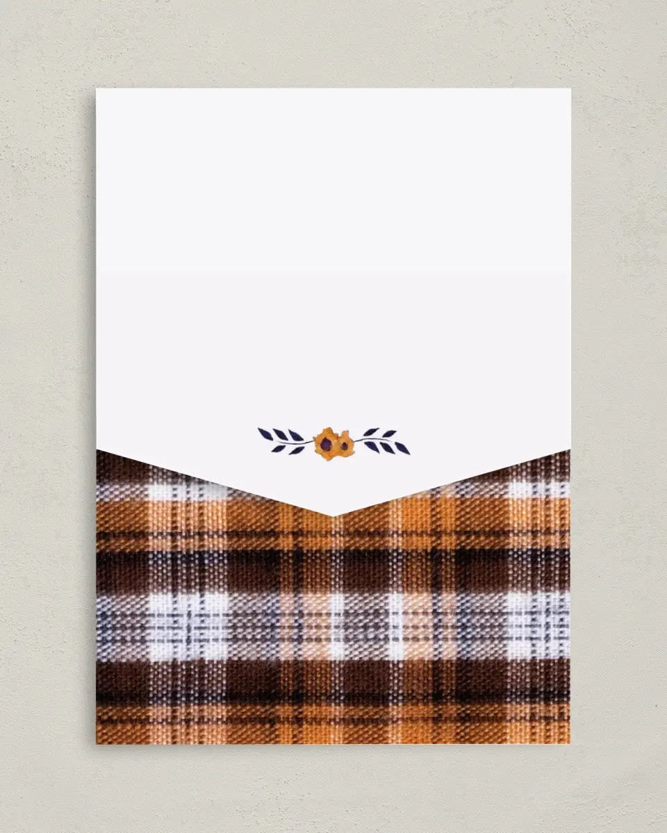 This is a 5¼" x 7¼" Folded Pocket Wedding Invitation called Perfectly Plaid printed in full color on Premium Smooth paper