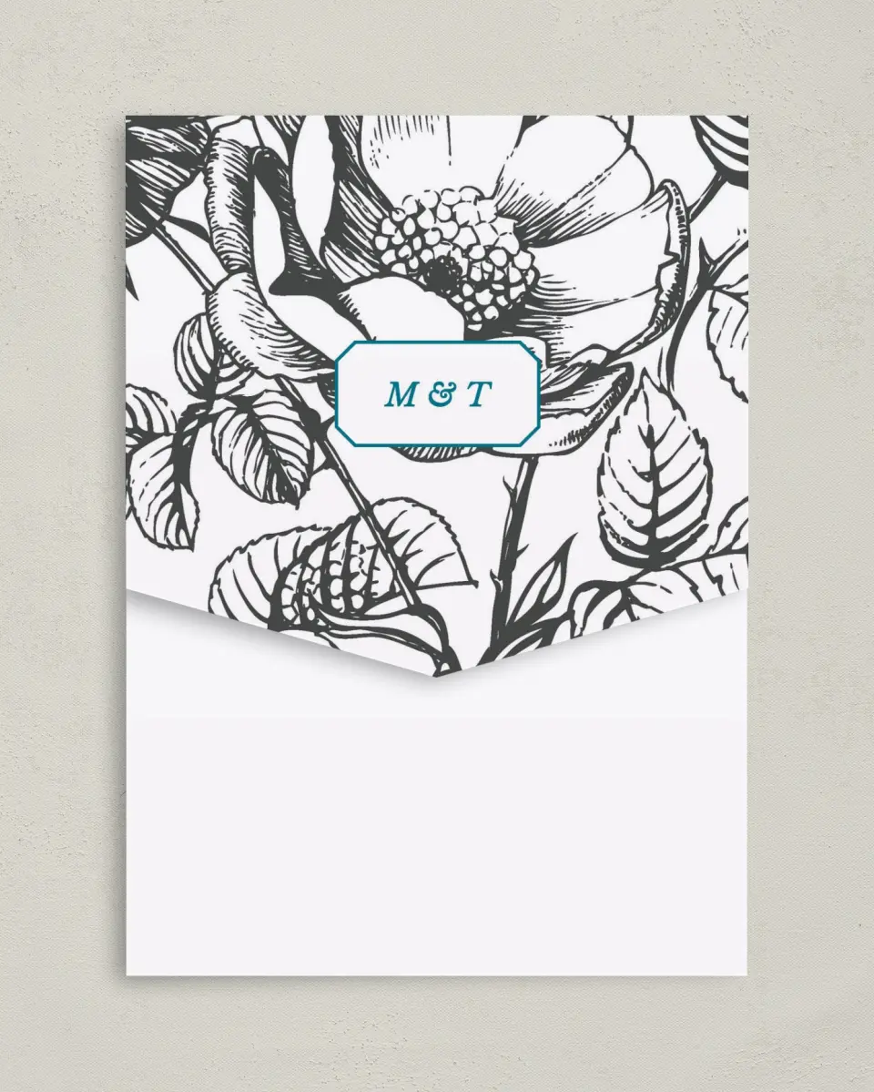 This is a 5¼" x 7¼" Folded Pocket Wedding Invitation called Vintage Botanicals printed in full color on Premium Smooth paper