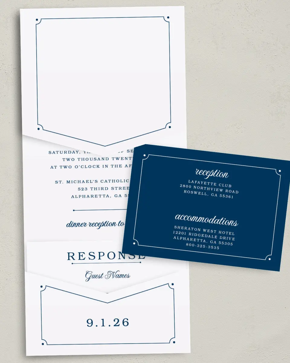 This is a 5¼" x 7¼" Folded Pocket Wedding Invitation called Grand Soiree printed in full color with Gold foil on Premium Smooth paper