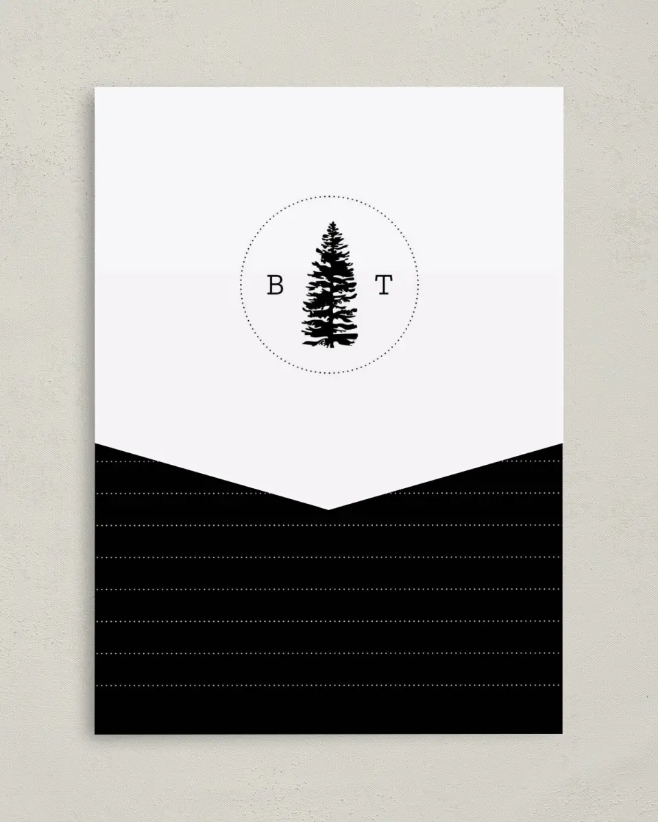 This is a 5¼" x 7¼" Folded Pocket Wedding Invitation called Splendid Pines printed in full color on Premium Smooth paper