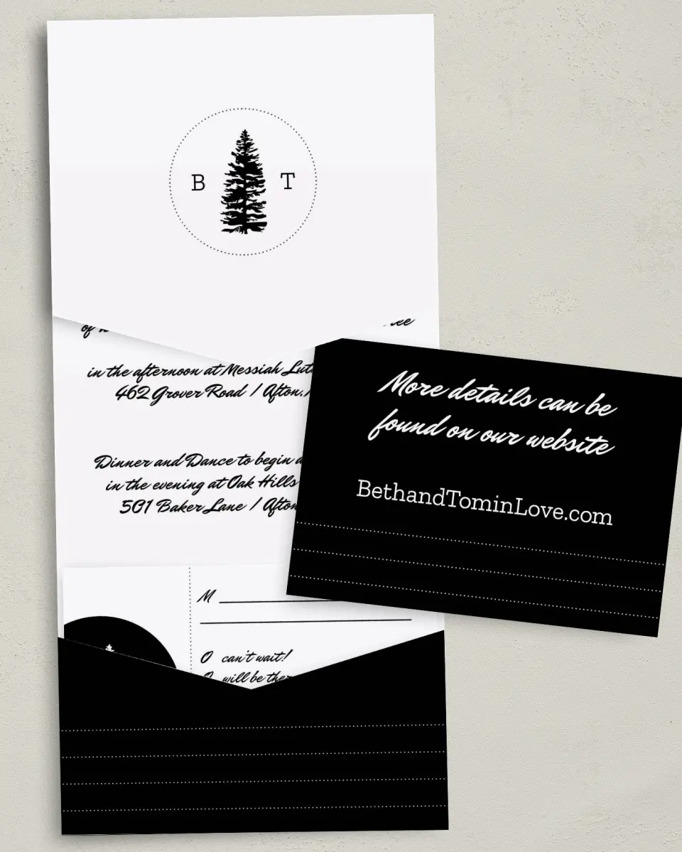 This is a 5¼" x 7¼" Folded Pocket Wedding Invitation called Splendid Pines printed in full color with Gold foil on Luxe Satin (coated) paper