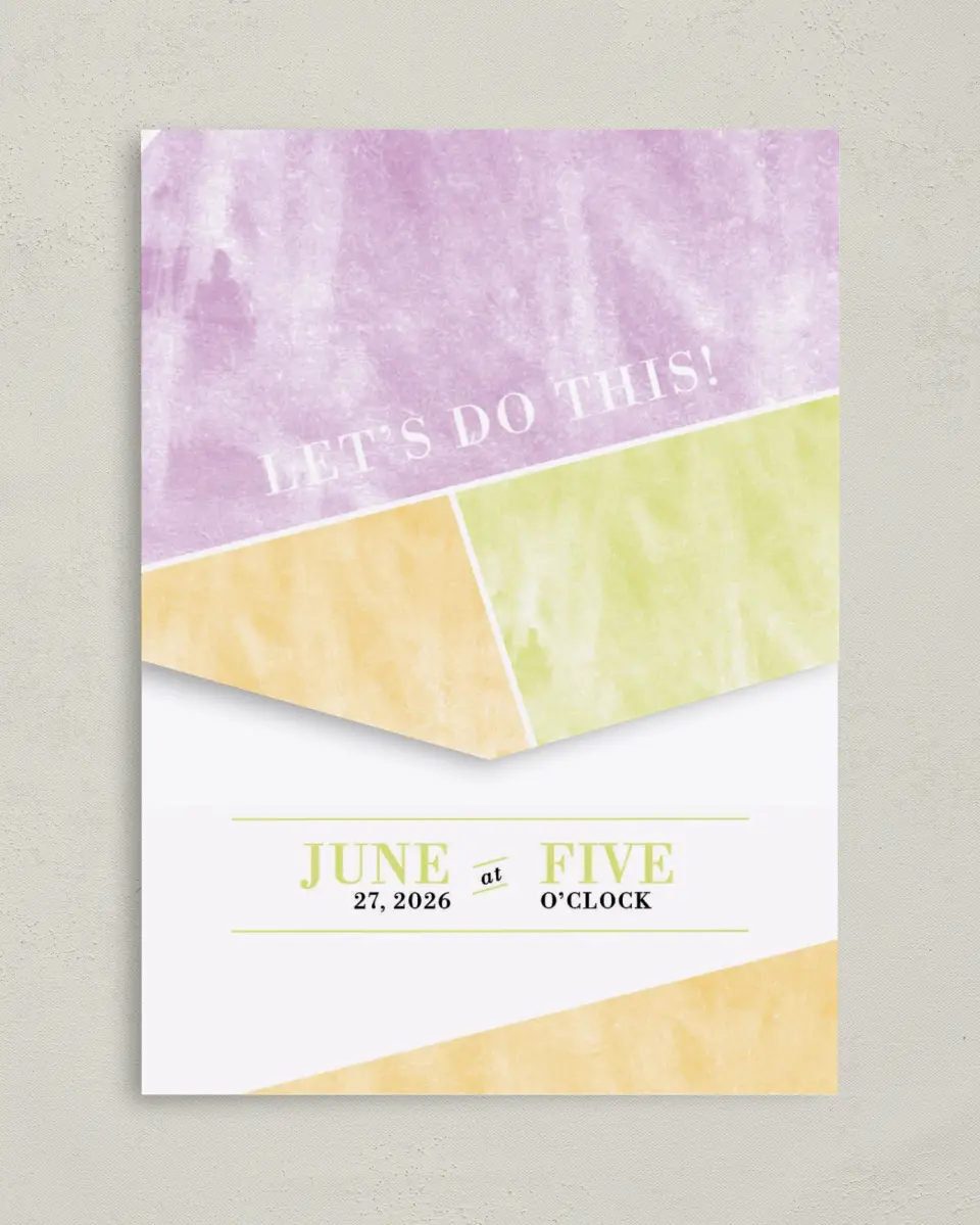 This is a 5¼" x 7¼" Folded Pocket Wedding Invitation called Be Happy! printed in full color on Premium Smooth paper