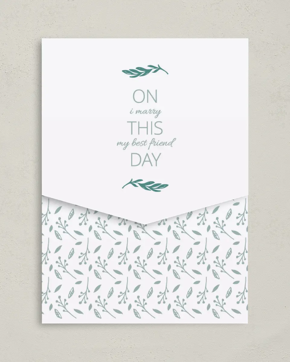 This is a 5¼" x 7¼" Folded Pocket Wedding Invitation called This Joyful Day printed in full color on Premium Smooth paper