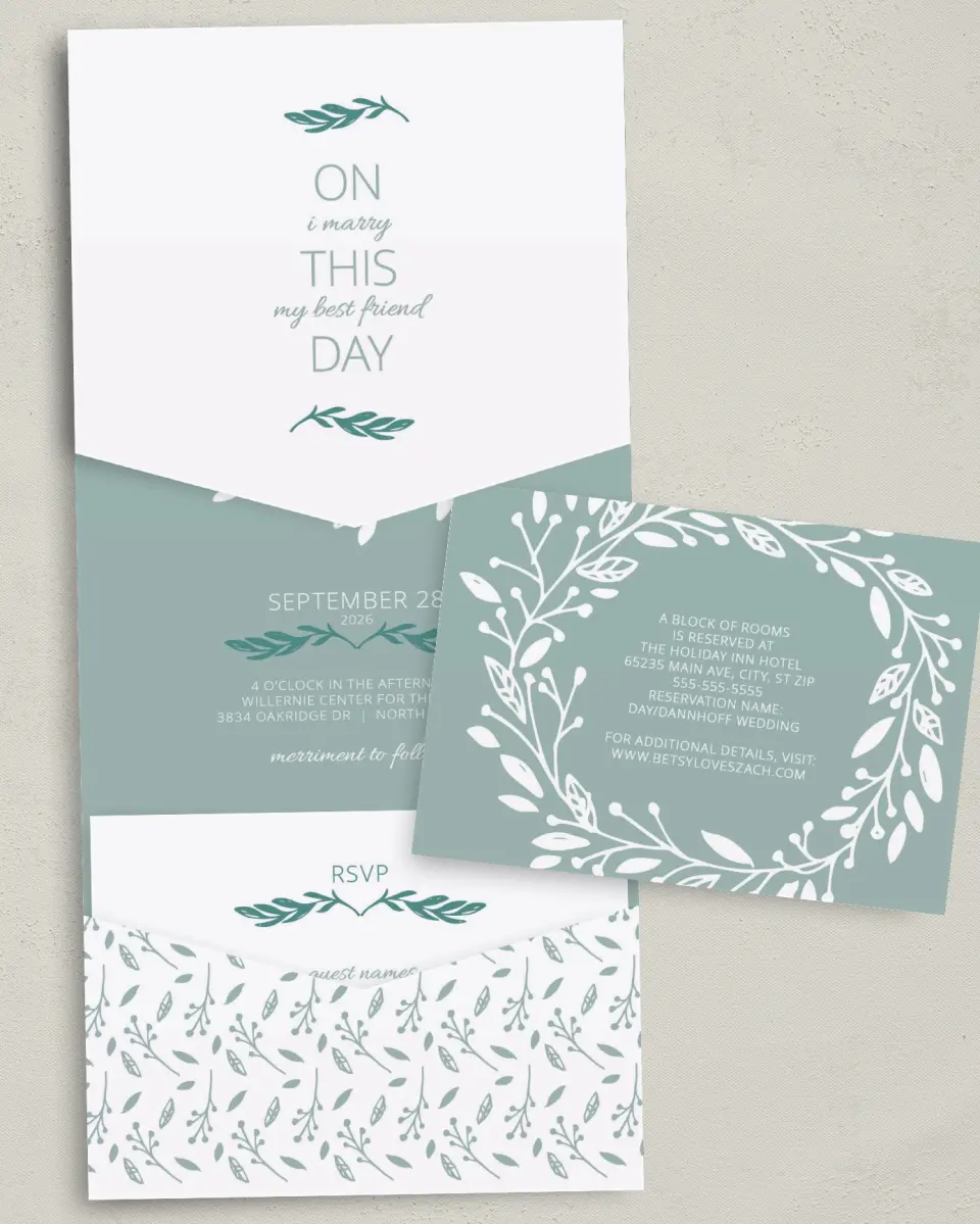 This is a 5¼" x 7¼" Folded Pocket Wedding Invitation called This Joyful Day printed in full color with Gold foil on Luxe Satin (coated) paper
