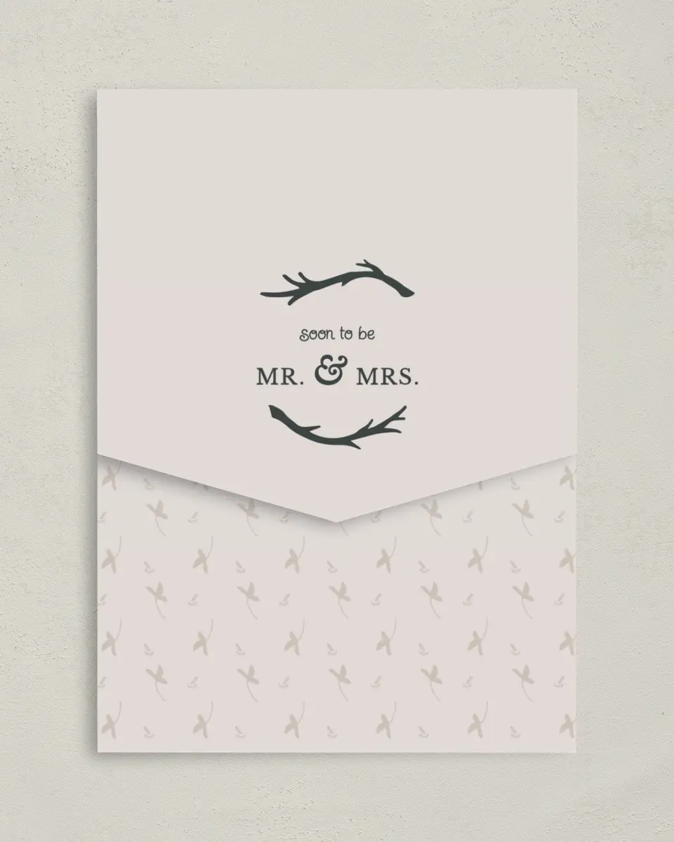 This is a 5¼" x 7¼" Folded Pocket Wedding Invitation called Rustic Boughs printed in full color on Premium Smooth paper