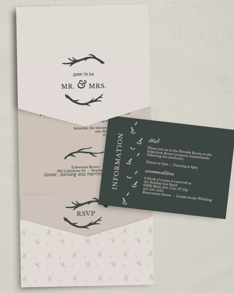 This is a 5¼" x 7¼" Folded Pocket Wedding Invitation called Rustic Boughs printed in full color with Gold foil on Luxe Satin (coated) paper