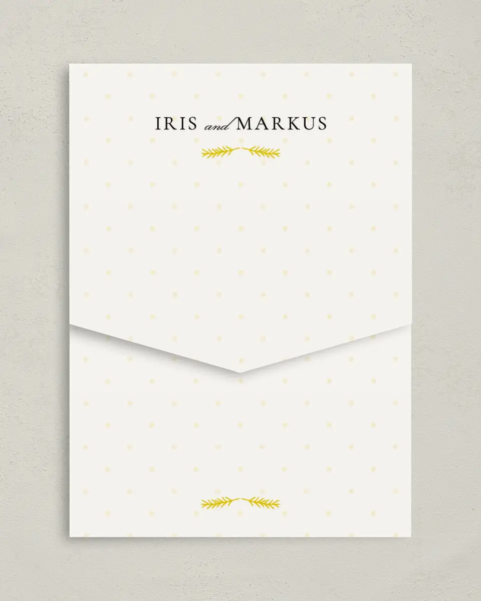 This is a 5¼" x 7¼" Folded Pocket Wedding Invitation called Sweet Leaves printed in full color on Premium Smooth paper