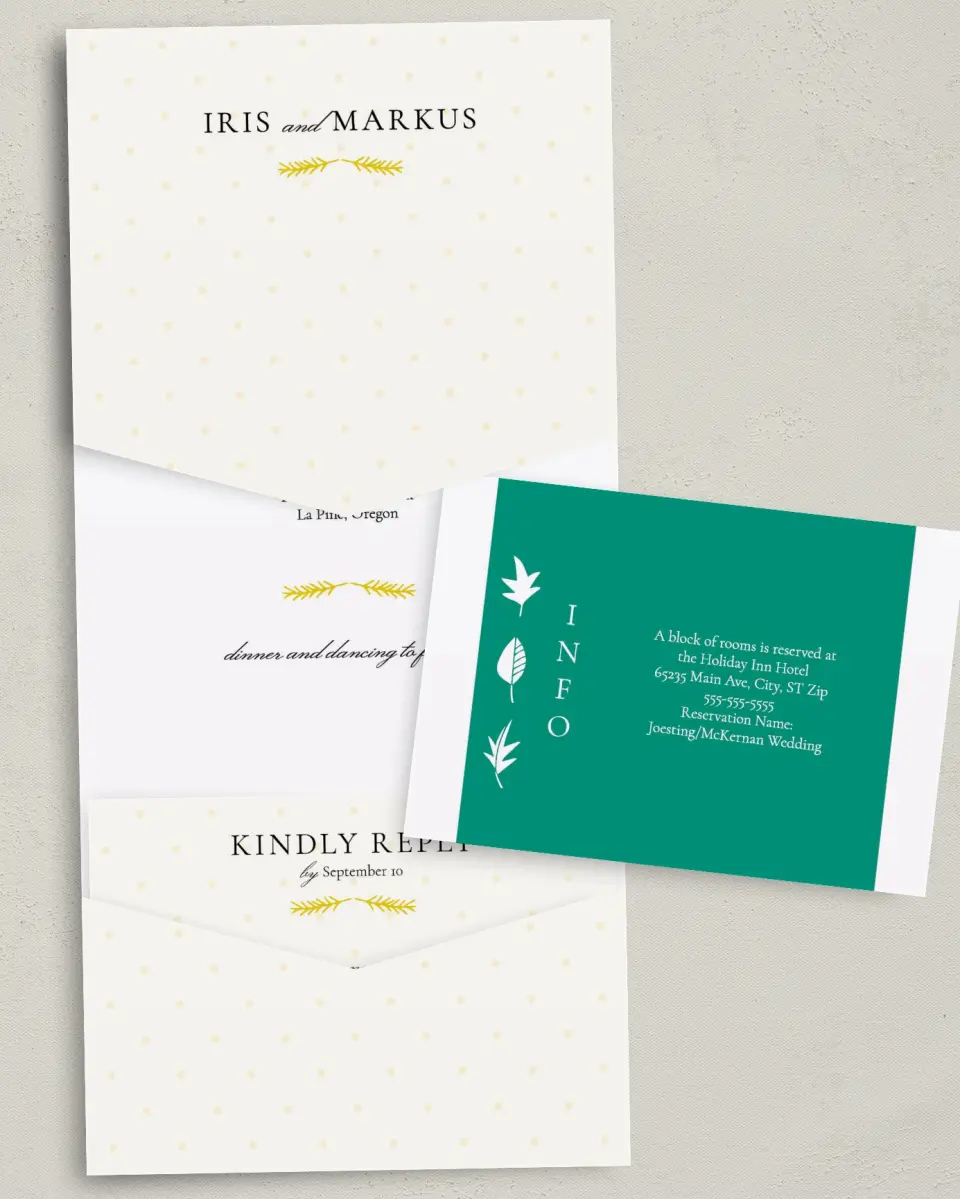This is a 5¼" x 7¼" Folded Pocket Wedding Invitation called Sweet Leaves printed in full color with Gold foil on Luxe Satin (coated) paper