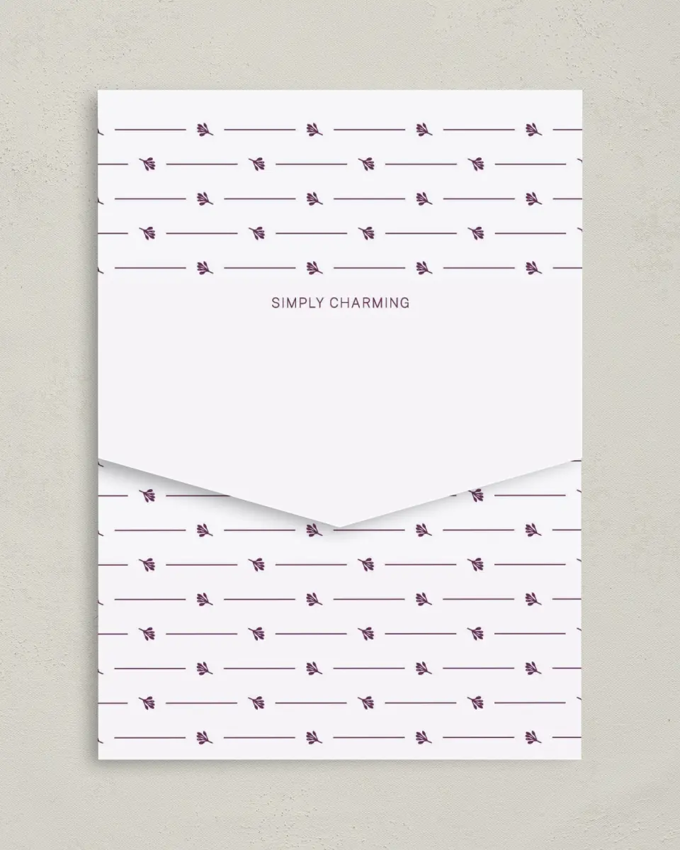 This is a 5¼" x 7¼" Folded Pocket Wedding Invitation called Charming Love Story printed in full color on Premium Smooth paper