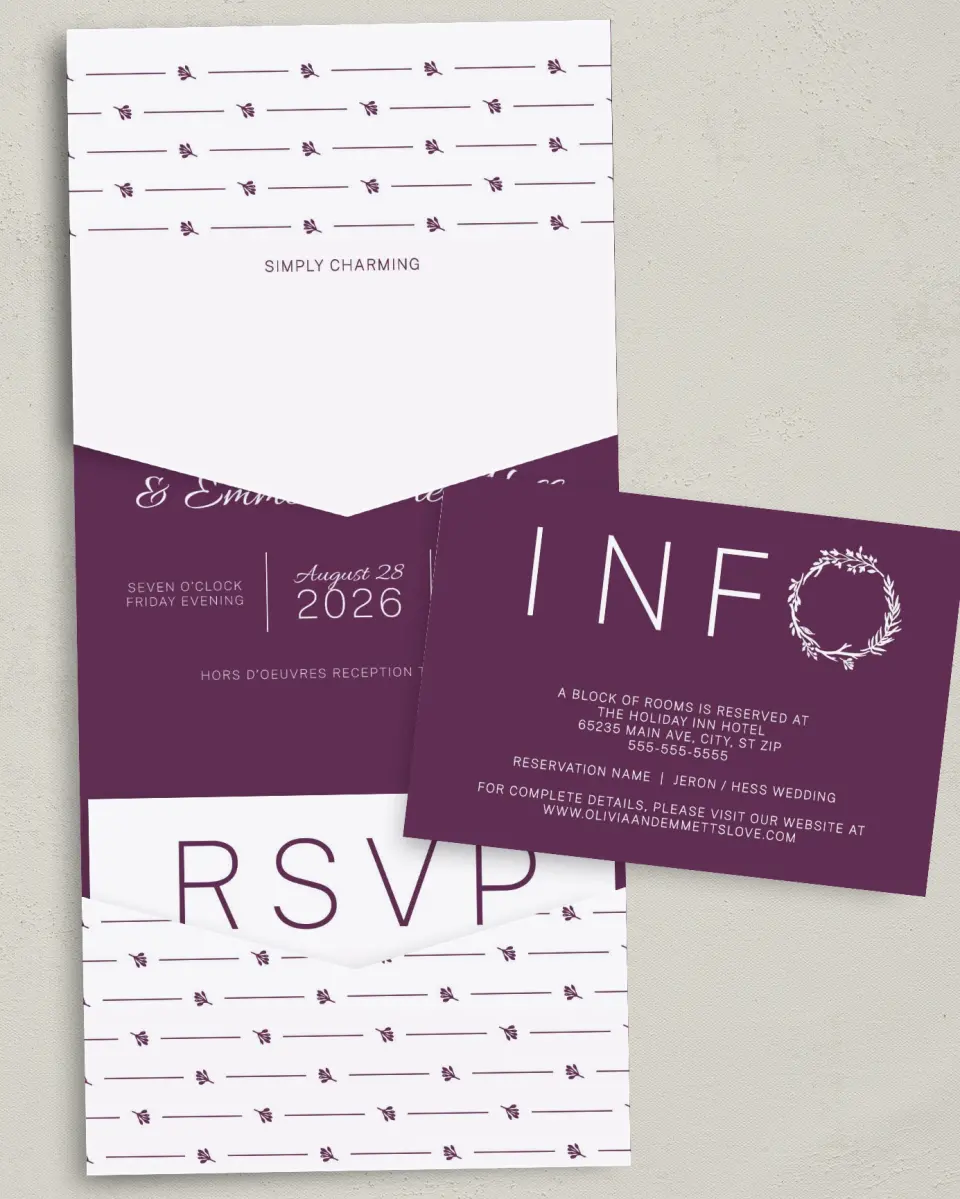 This is a 5¼" x 7¼" Folded Pocket Wedding Invitation called Charming Love Story printed in full color with Gold foil on Luxe Satin (coated) paper