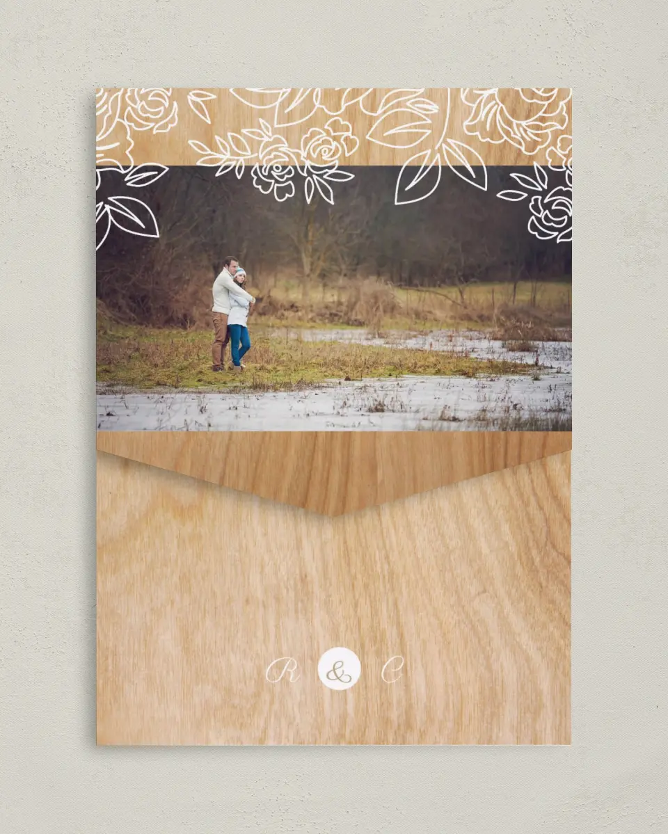 This is a 5¼" x 7¼" Folded Pocket Wedding Invitation called Rustic Woodgrain printed in full color on Premium Smooth paper