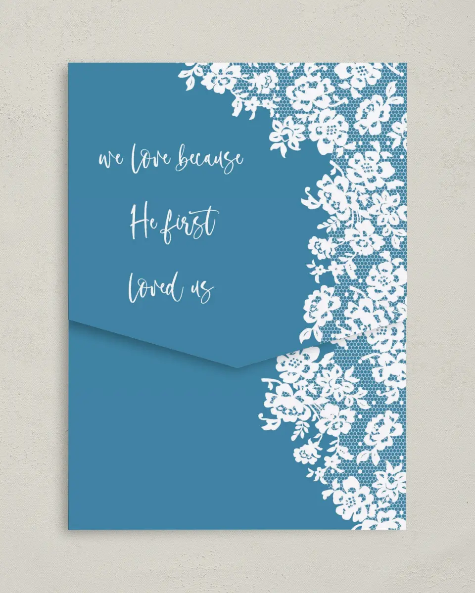 This is a 5¼" x 7¼" Folded Pocket Wedding Invitation called Modern Lace printed in full color on Premium Smooth paper