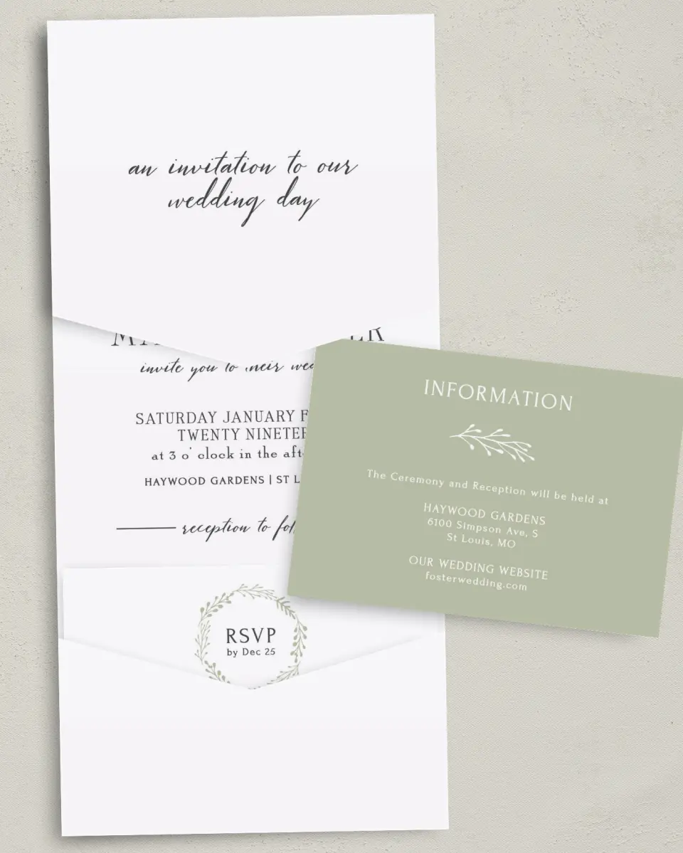 This is a 5¼" x 7¼" Folded Pocket Wedding Invitation called Enchanting Crown printed in full color with Gold foil on Luxe Satin (coated) paper