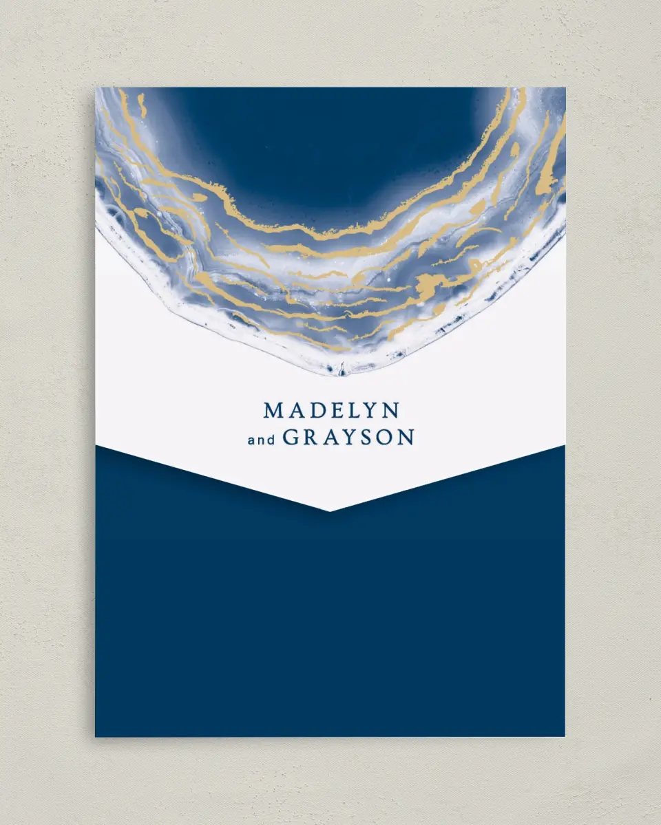 This is a 5¼" x 7¼" Folded Pocket Wedding Invitation called Dazzling Agate printed in full color on Premium Smooth paper