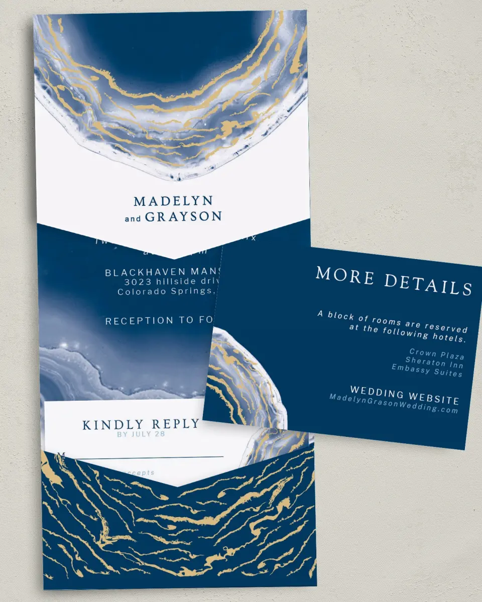 This is a 5¼" x 7¼" Folded Pocket Wedding Invitation called Dazzling Agate printed in full color with Gold foil on Luxe Satin (coated) paper