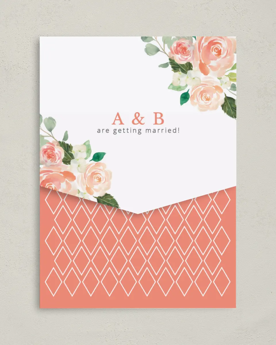 This is a 5¼" x 7¼" Folded Pocket Wedding Invitation called Diamond Garden printed in full color on Premium Smooth paper