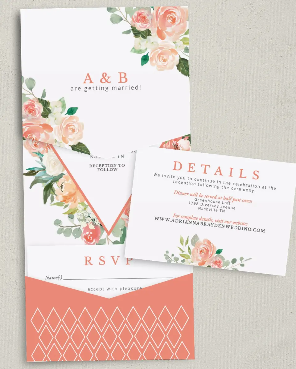 This is a 5¼" x 7¼" Folded Pocket Wedding Invitation called Diamond Garden printed in full color with Gold foil on Luxe Satin (coated) paper