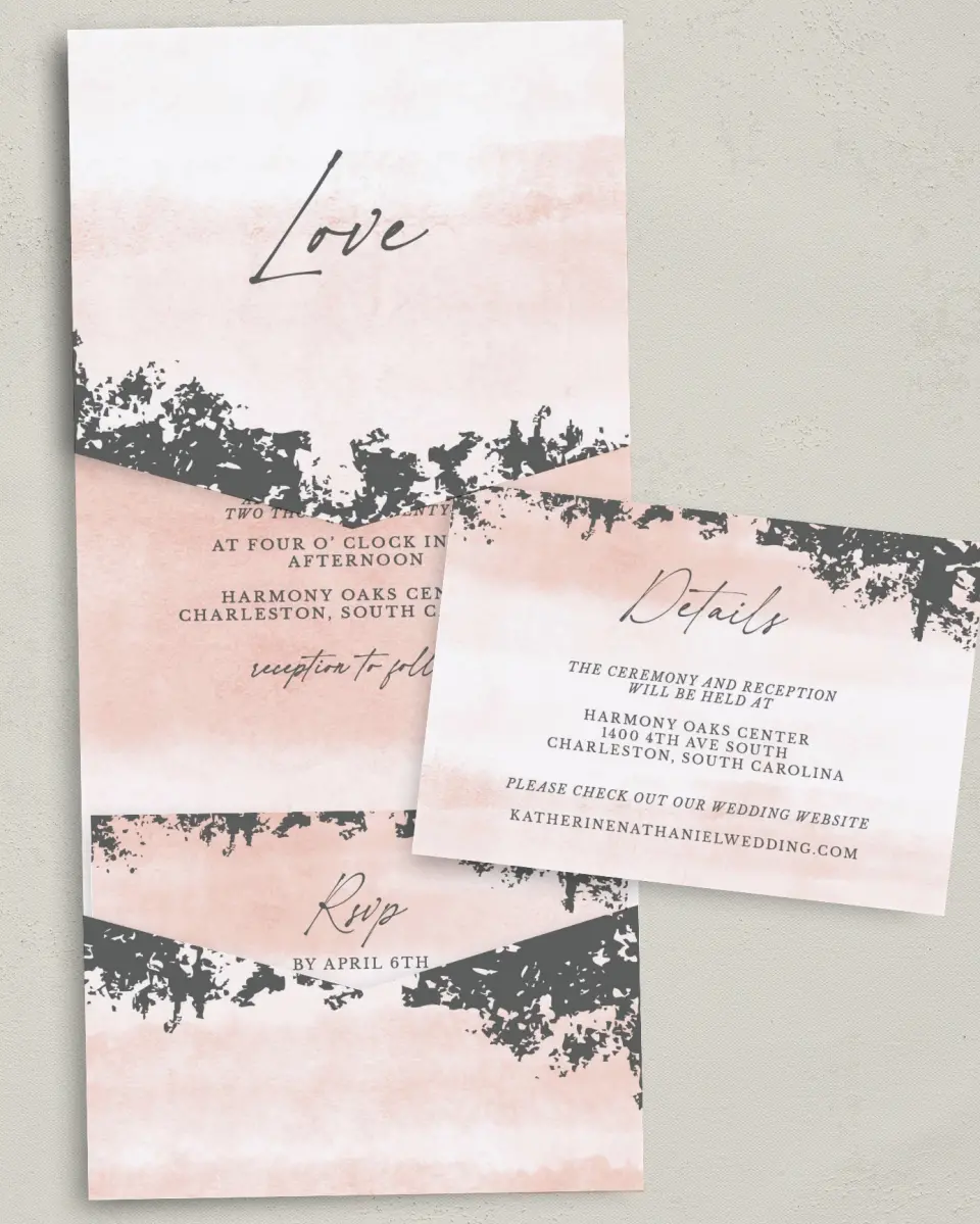 This is a 5¼" x 7¼" Folded Pocket Wedding Invitation called Chic Patina printed in full color with Gold foil on Luxe Satin (coated) paper