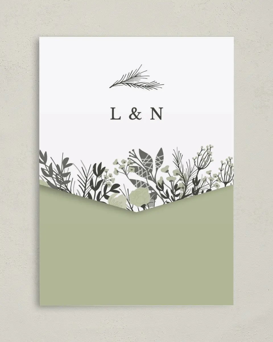 This is a 5¼" x 7¼" Folded Pocket Wedding Invitation called Greenery Crown printed in full color on Premium Smooth paper