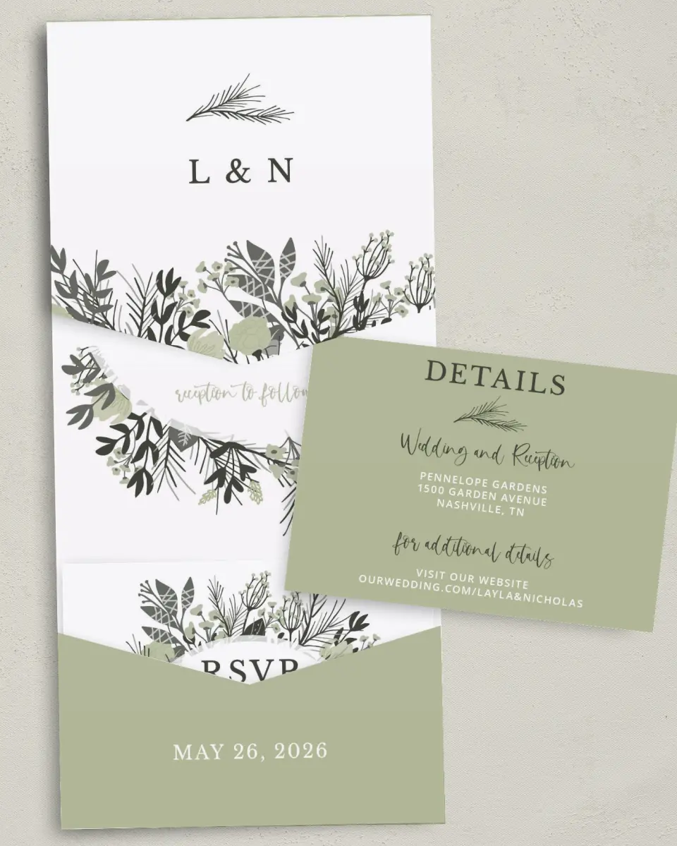 This is a 5¼" x 7¼" Folded Pocket Wedding Invitation called Greenery Crown printed in full color with Gold foil on Luxe Satin (coated) paper