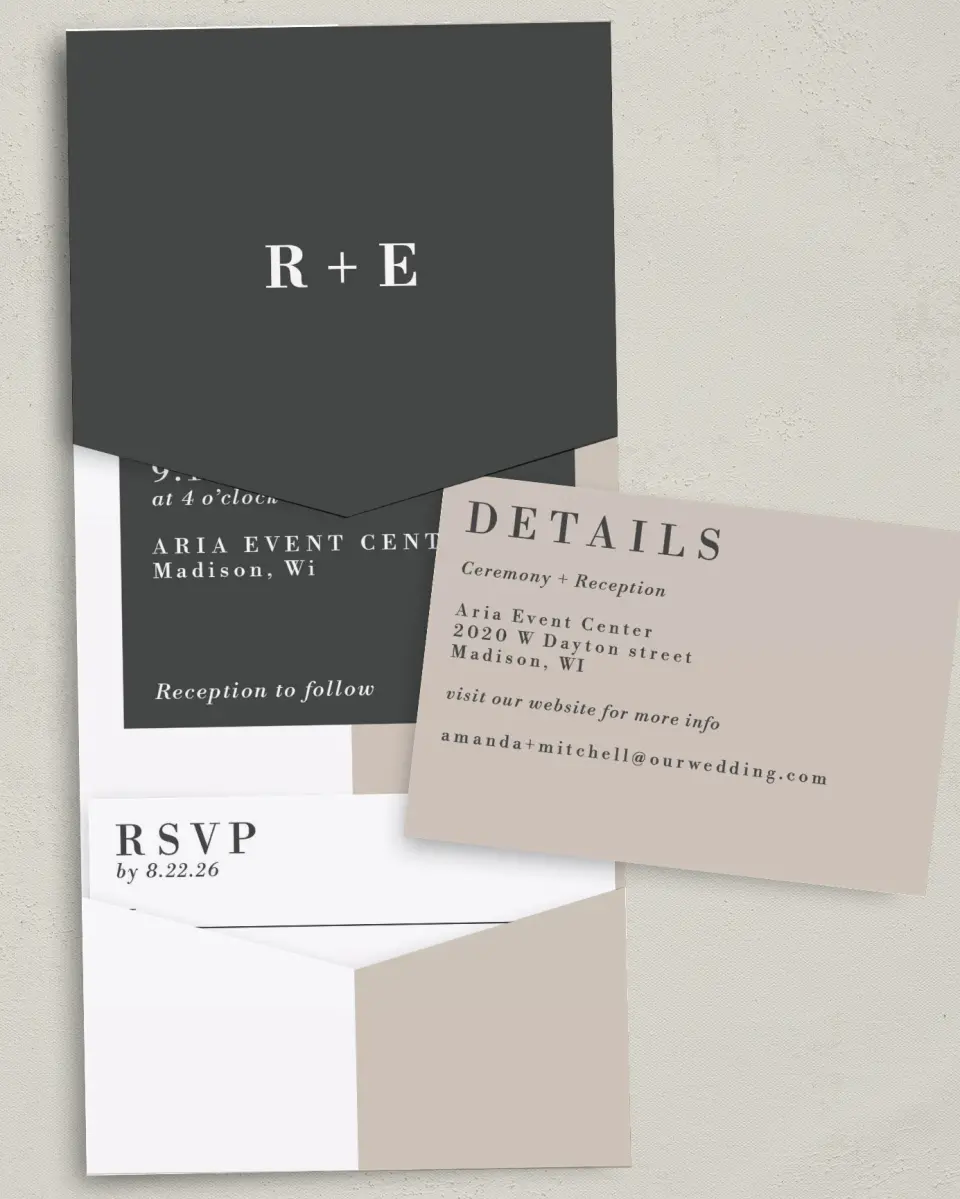 This is a 5¼" x 7¼" Folded Pocket Wedding Invitation called Merging Love printed in full color with Gold foil on Luxe Satin (coated) paper